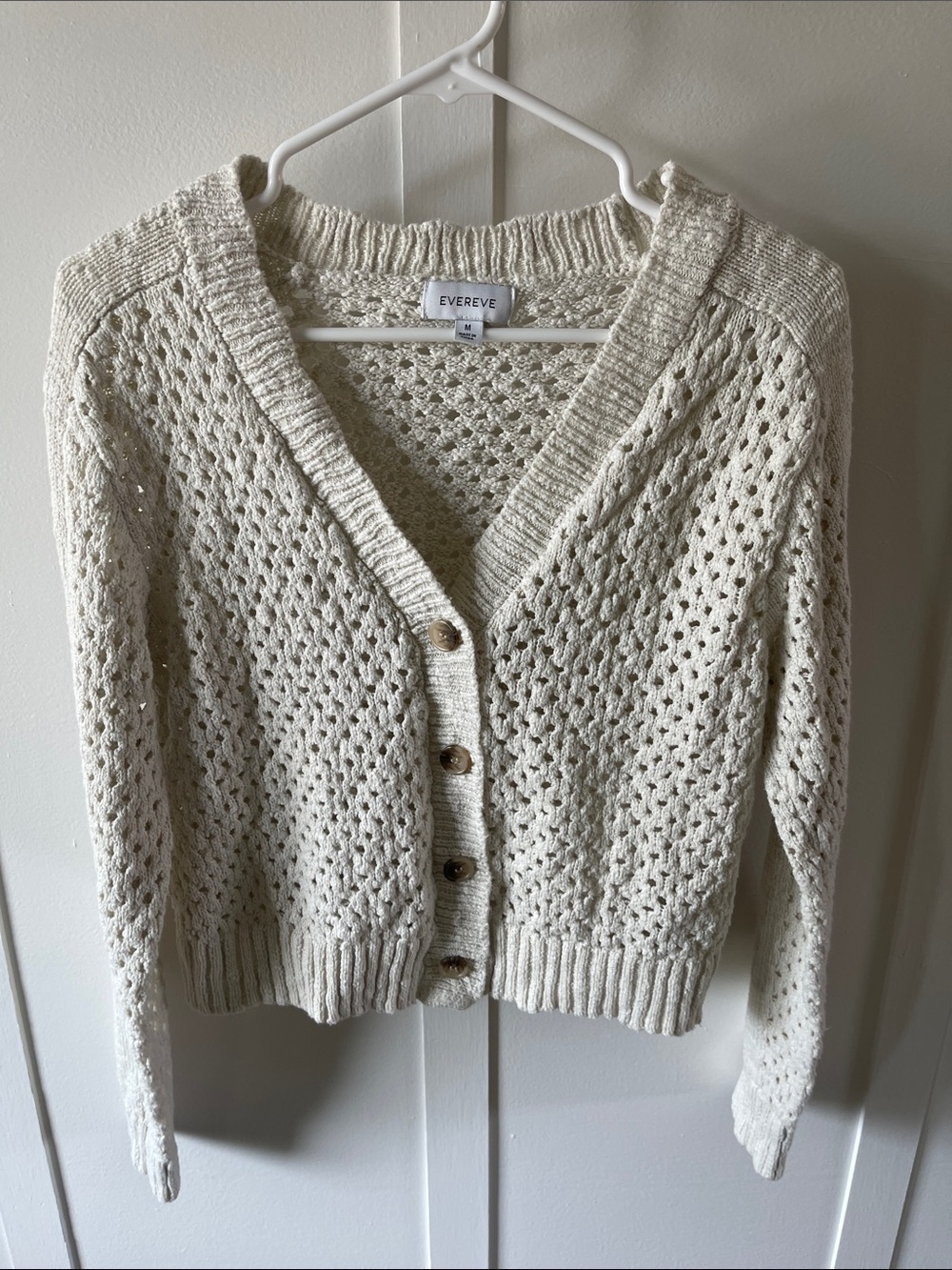 Evereve Cream Open-Knit V-Neck Button Cardigan